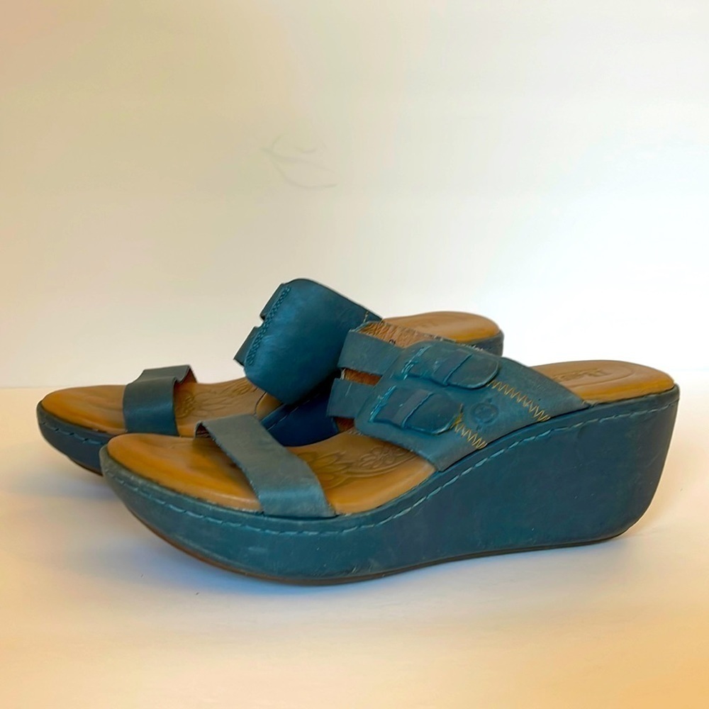 Born Blue Leather Wedge Platform Sandal